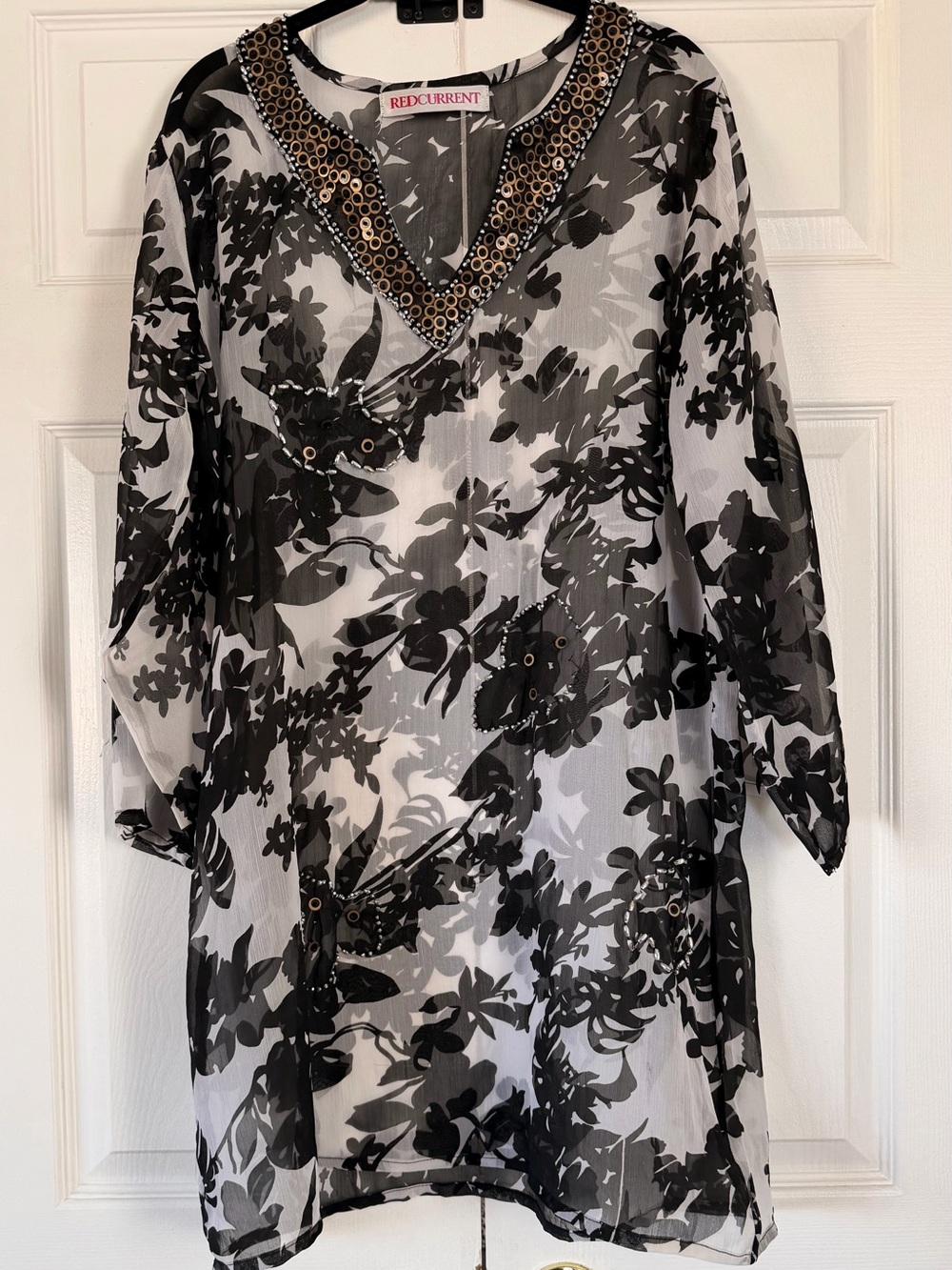 Coverup Sheer Black & White Sheer Tunic Top w Gold Trim